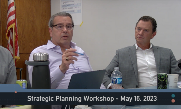 Mayor and City Manager talking at the 2023 Strategic Planning Workshop