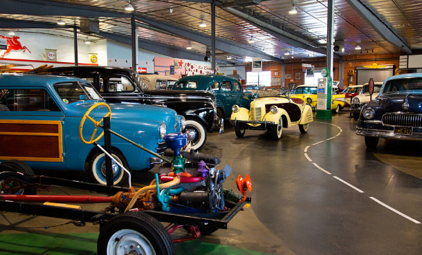 Inside Automobile Driving Museum and cars